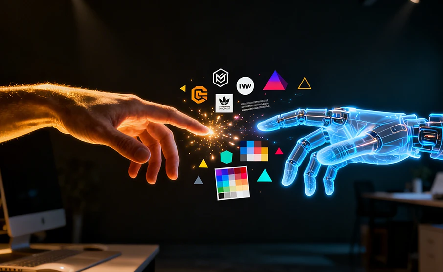 Emberi és AI kéz egymás felé nyúl kreatív szikrák között — grafikus és mesterséges intelligencia együttműködése