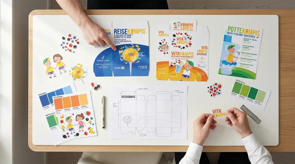 Gyerek termék csomagolástervezés folyamata — dieline vázlat, Pantone színminták és nyomtatott dobozok az asztalon