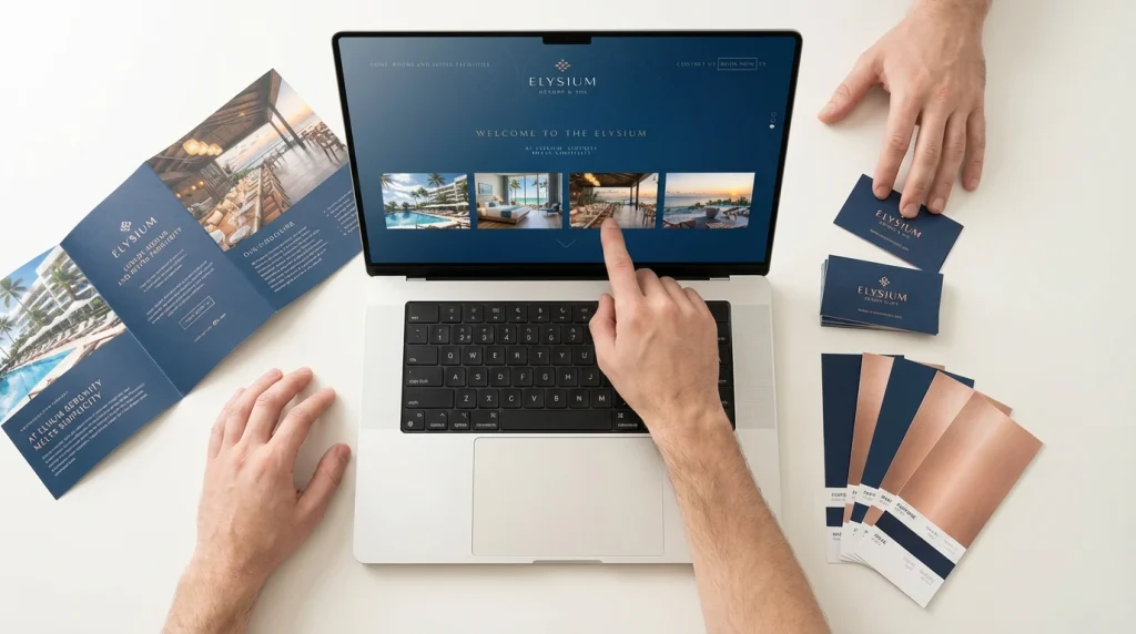 Luxury hotel webdesign és arculattervezés — MacBook laptop képernyőn weboldal, körülötte nyomtatott brand anyagok