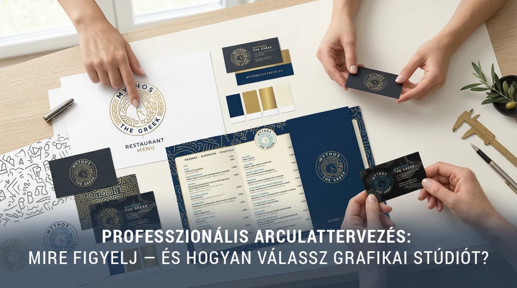 Professzionális arculattervezés mire figyelj — Mythos görög étterem brand identity anyagok asztalon, logó és étlap