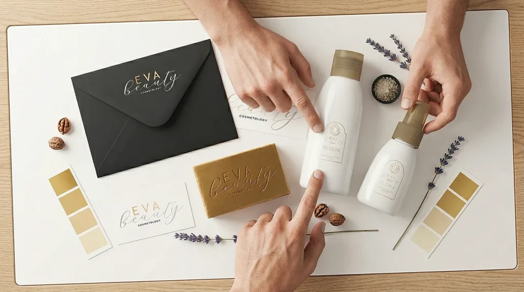 Professzionális kozmetikai arculattervezés — luxus termékek, névjegy és logó felülnézetből, két grafikus kézzel